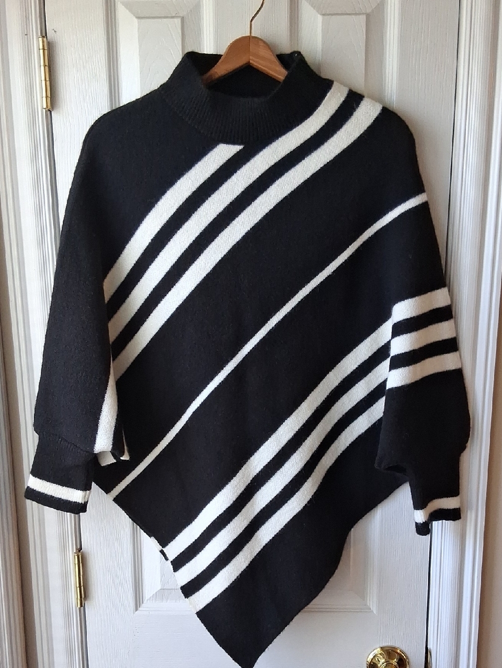 Striped Poncho Sweater With Batwing Sleeves And Fitted Cuffs